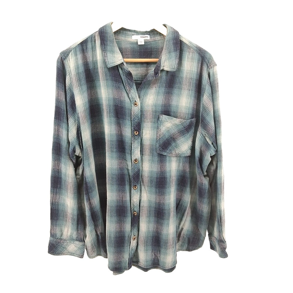 Sonoma Plaid Button Up Top Sz XXL Navy Blue‎ Teal Western Boho Fall Soft Cowgirl